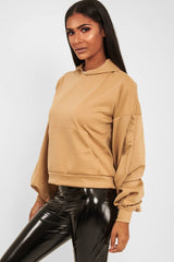 Camel Balloon Sleeve Pocket Front Hoodie - Lainee-Hoodies