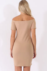 Camel Bardot Bodycon Button Detail Dress - Wallis-Dresses