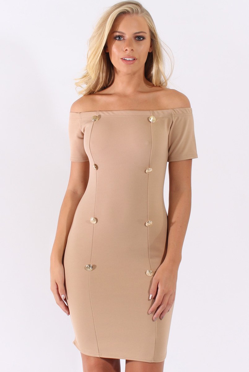 Camel Bardot Bodycon Button Detail Dress - Wallis-Dresses