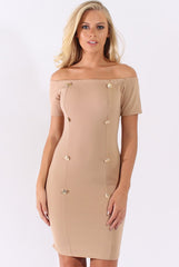 Camel Bardot Bodycon Button Detail Dress - Wallis-Dresses