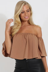 Camel Bardot Crop Top - Bryony-Crop Tops