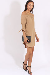 Camel Bardot Tie Cuffs Dress - Whitney-Dresses