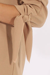Camel Bardot Tie Cuffs Dress - Whitney-Dresses