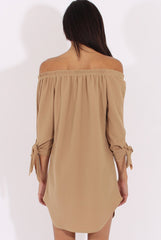 Camel Bardot Tie Cuffs Dress - Whitney-Dresses
