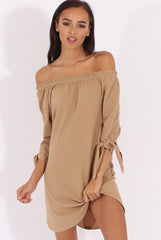 Camel Bardot Tie Cuffs Dress - Whitney-Dresses