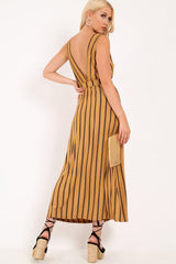Camel Black Stripe Plunge Wrap Maxi - Skyelin-Dresses