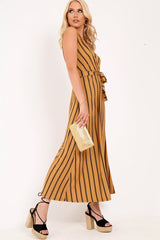 Camel Black Stripe Plunge Wrap Maxi - Skyelin-Dresses