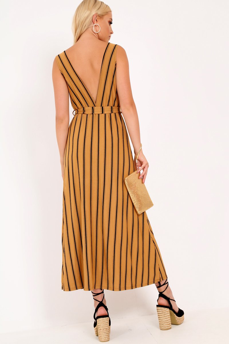 Camel Black Stripe Plunge Wrap Maxi - Skyelin-Dresses