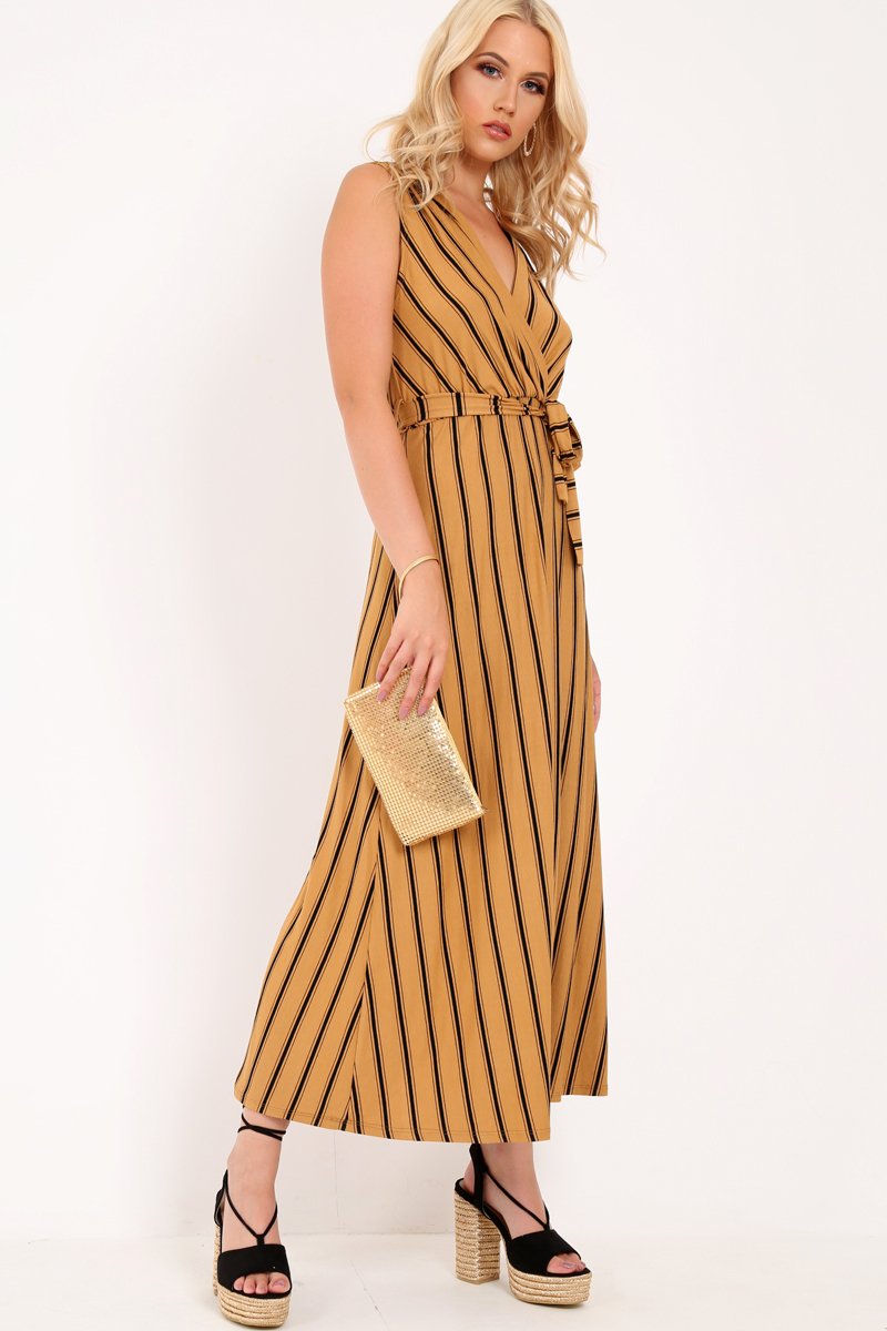 Camel Black Stripe Plunge Wrap Maxi - Skyelin-Dresses