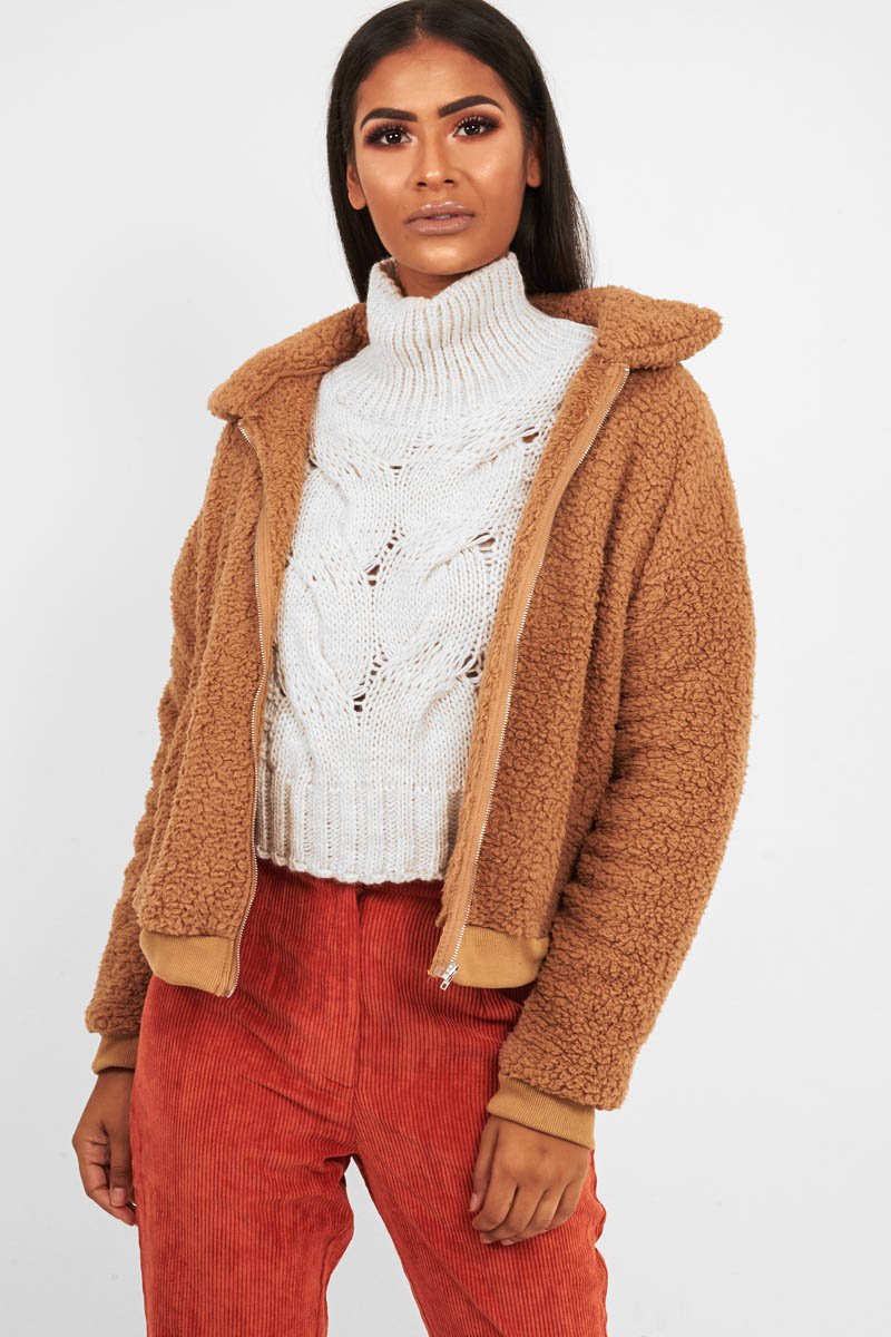 Camel Borg Zip Front Jacket - Danyelle-Jackets