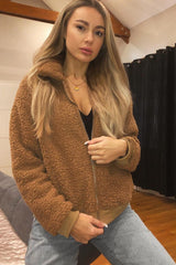 Camel Borg Zip Front Jacket - Danyelle-Jackets