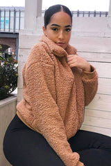 Camel Borg Zip Front Jacket - Danyelle-Jackets