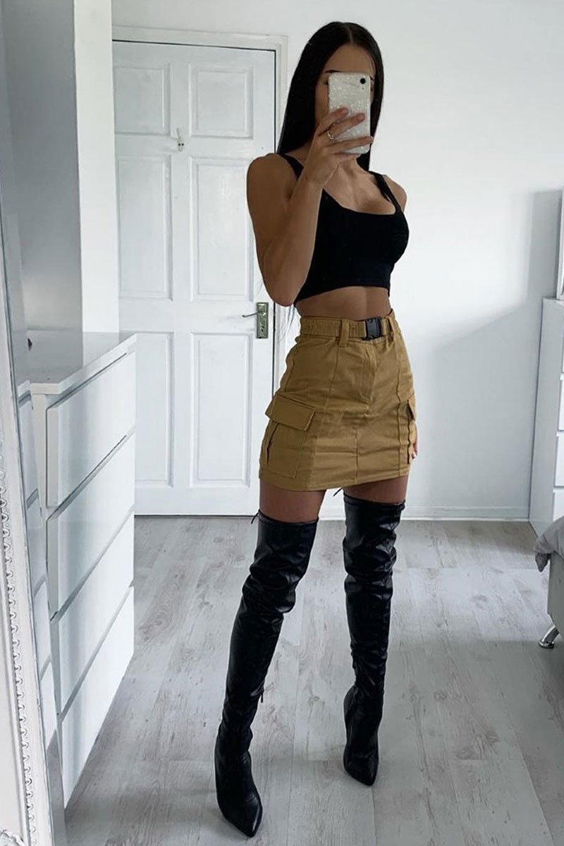 Camel Buckle Front Woven Utility Mini Skirt - Cally-Skirts