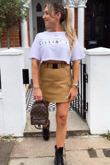 Camel Buckle Front Woven Utility Mini Skirt - Cally-Skirts