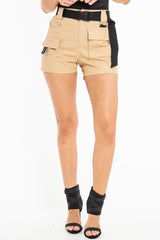 Camel Buckle Front Woven Utility Shorts - Minh-Shorts