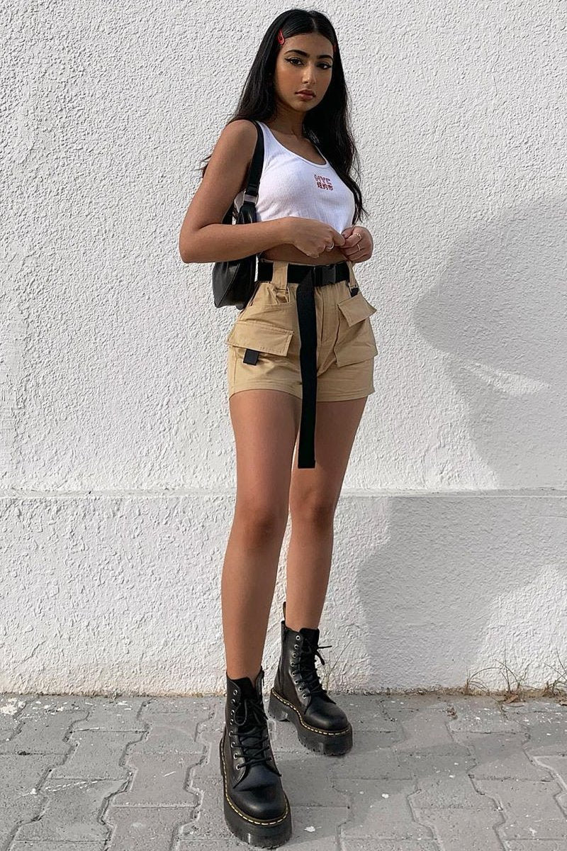 Camel Buckle Front Woven Utility Shorts - Minh-Shorts