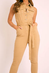 Camel Button Front Sleeveless Jumpsuit - Faven-Jumpsuits