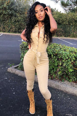 Camel Button Front Sleeveless Jumpsuit - Faven-Jumpsuits