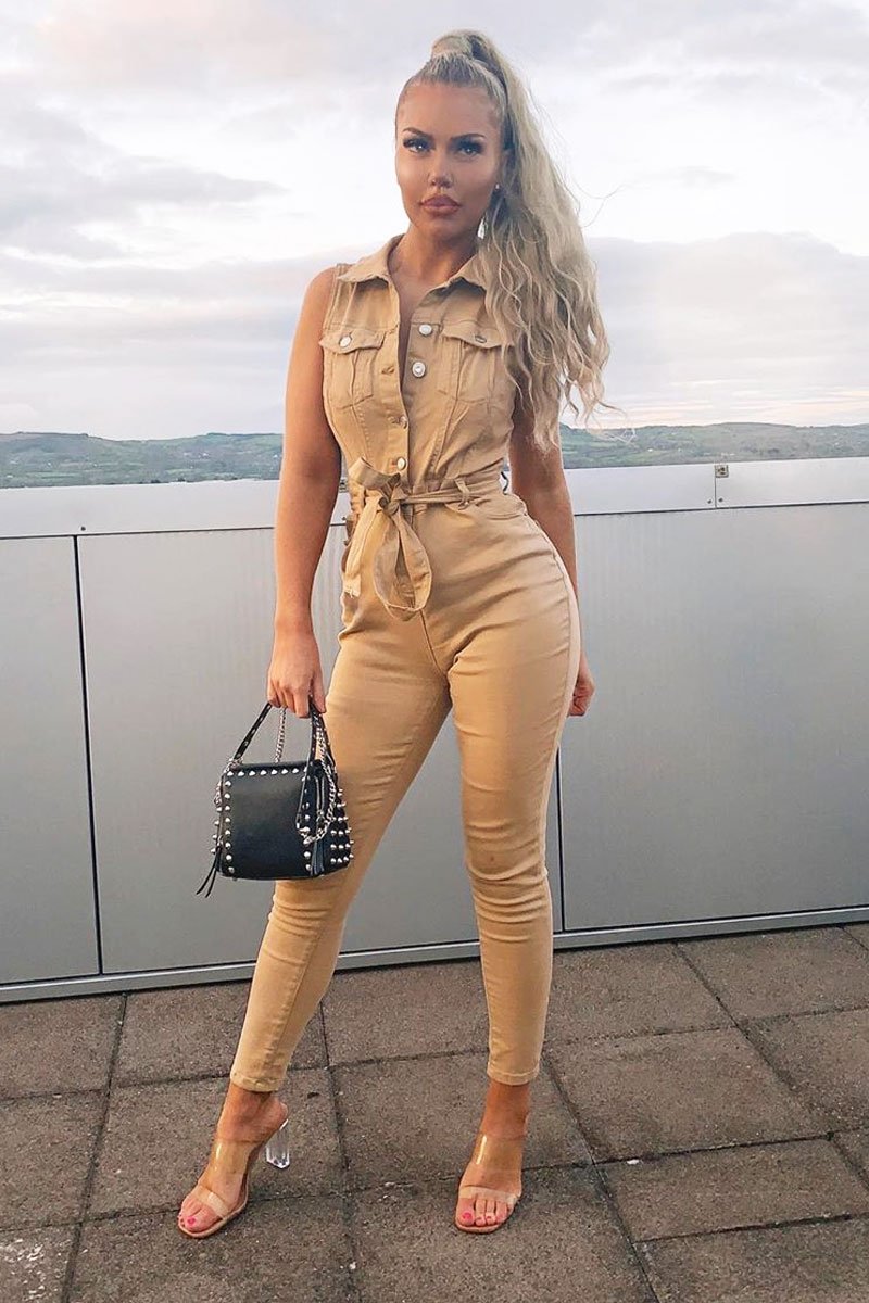 Camel Button Front Sleeveless Jumpsuit - Faven-Jumpsuits