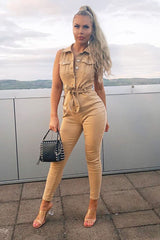 Camel Button Front Sleeveless Jumpsuit - Faven-Jumpsuits