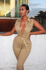 Camel Button Front Sleeveless Jumpsuit - Faven-Jumpsuits