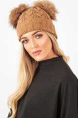 Camel Cable Knit Double Bobble Hat - Cheyann-Hats