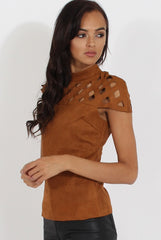 Camel Cage High Neck Suede Top - Lizzie-Tops
