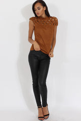 Camel Cage High Neck Suede Top - Lizzie-Tops
