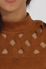 Camel Cage High Neck Suede Top - Lizzie-Tops