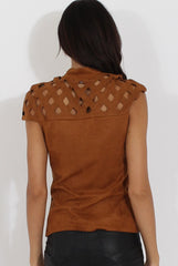 Camel Cage High Neck Suede Top - Lizzie-Tops