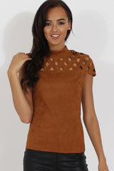 Camel Cage High Neck Suede Top - Lizzie-Tops