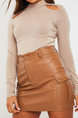 Camel Cargo Pocket Faux Leather Mini Skirt - Taylia-Skirts