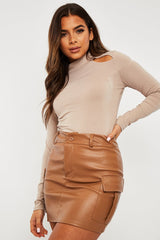 Camel Cargo Pocket Faux Leather Mini Skirt - Taylia-Skirts