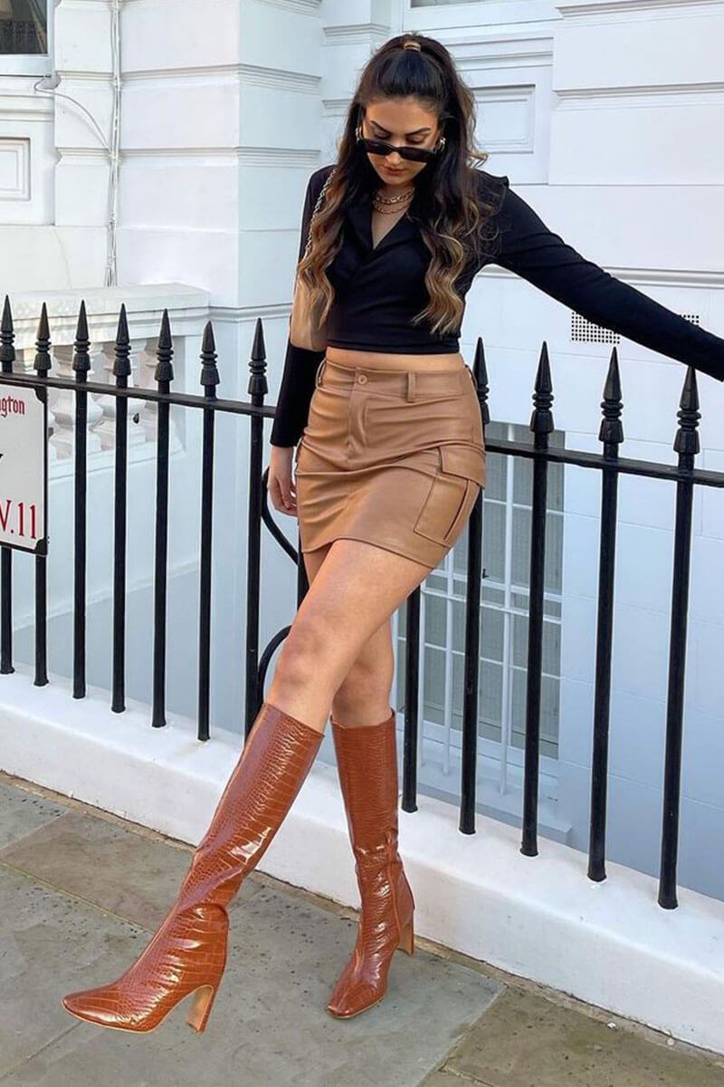 Camel Cargo Pocket Faux Leather Mini Skirt - Taylia-Skirts