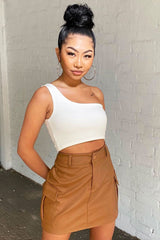 Camel Cargo Pocket Faux Leather Mini Skirt - Taylia-Skirts