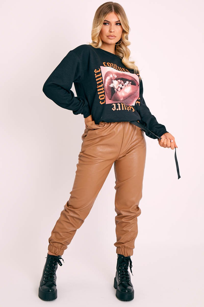 Camel Cargo Pouch Belted PU Joggers - Mishka-Trousers