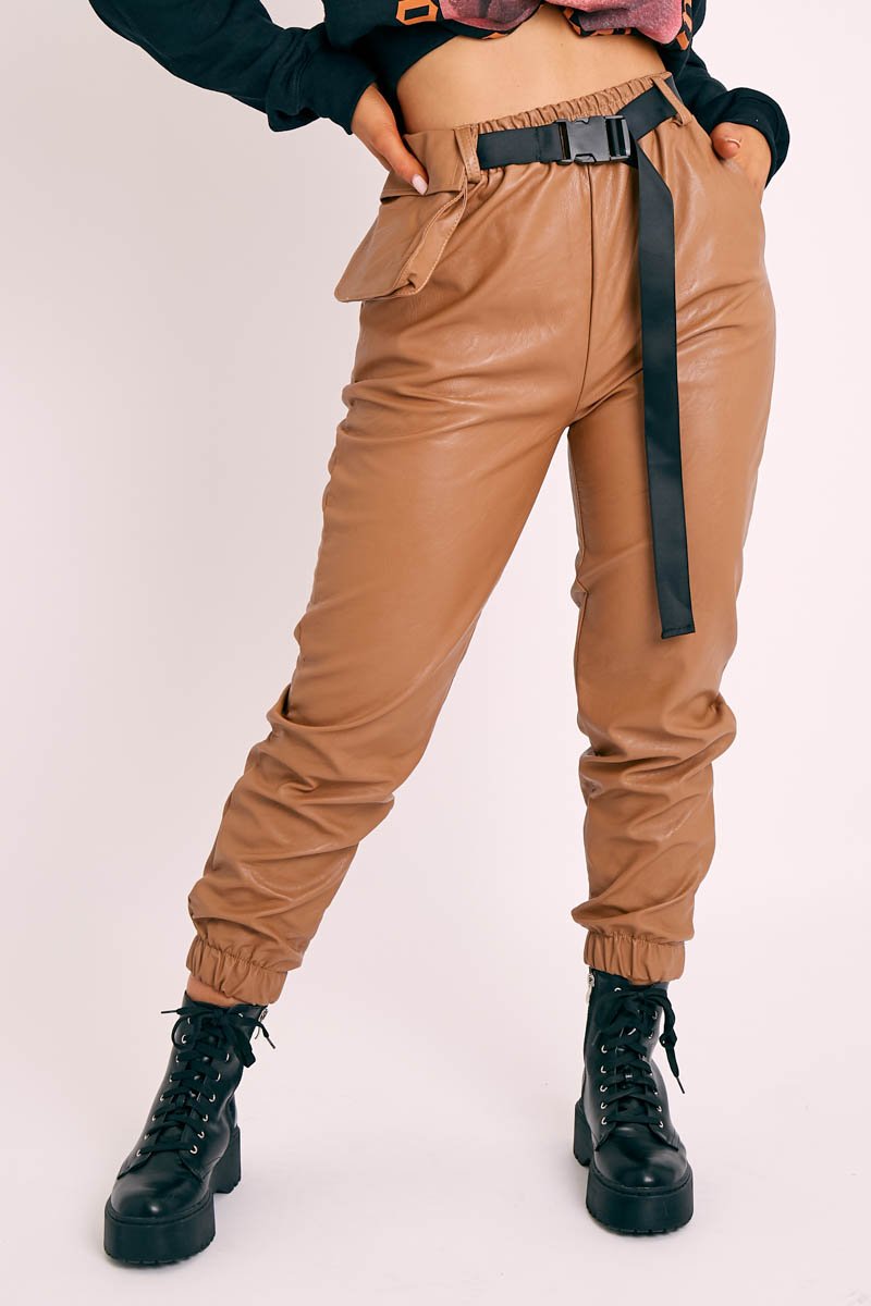 Camel Cargo Pouch Belted PU Joggers - Mishka-Trousers