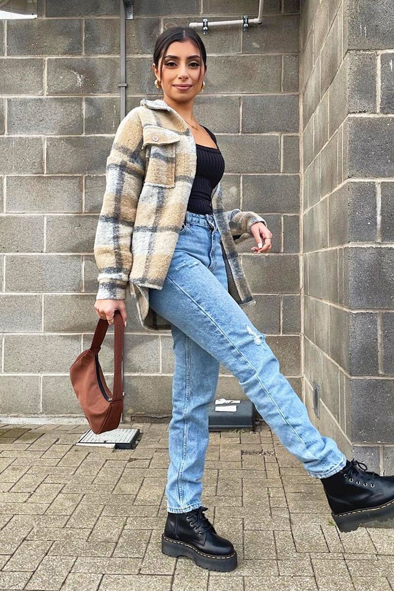 Camel Check Oversized Wool Blend Shacket - Diora-Shacket