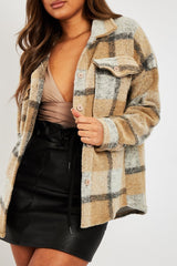 Camel Check Oversized Wool Blend Shacket - Diora-Shacket