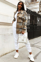 Camel Check Oversized Wool Blend Shacket - Diora-Shacket