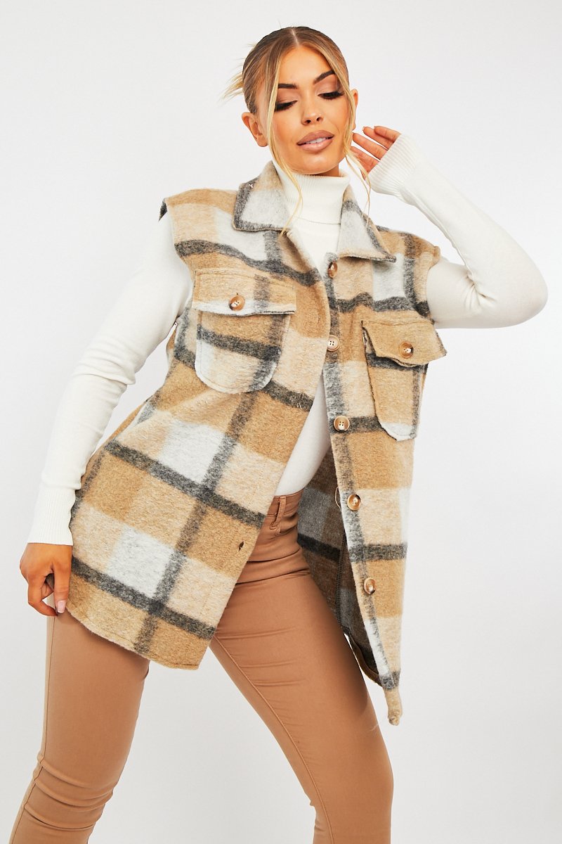Camel Check Sleeveless Shacket - Brittanie-Shacket