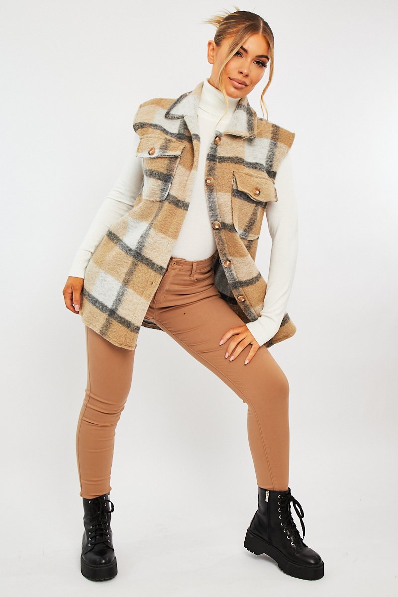 Camel Check Sleeveless Shacket - Brittanie-Shacket