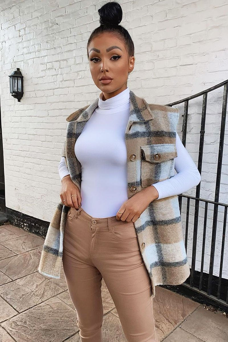 Camel Check Sleeveless Shacket - Brittanie-Shacket