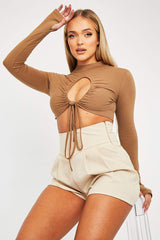 Camel Chest Cut Out High Neck Crop Top - Kara-Crop Tops