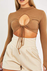 Camel Chest Cut Out High Neck Crop Top - Kara-Crop Tops