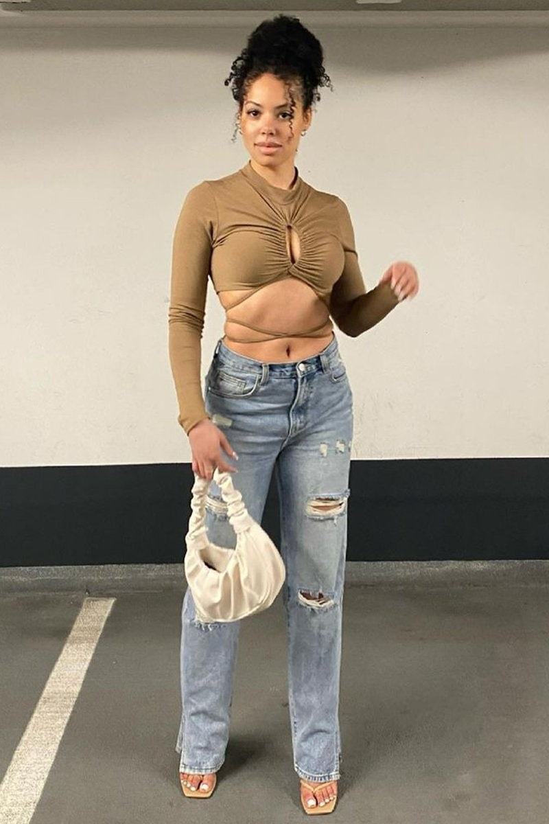 Camel Chest Cut Out High Neck Crop Top - Kara-Crop Tops