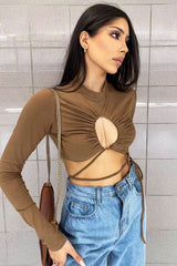 Camel Chest Cut Out High Neck Crop Top - Kara-Crop Tops