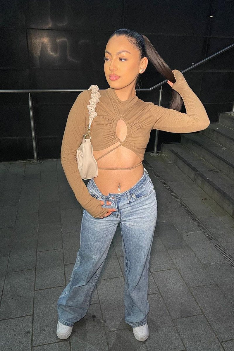 Camel Chest Cut Out High Neck Crop Top - Kara-Crop Tops