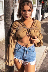 Camel Chiffon Balloon Sleeve Crop Tie Front Blouse - Amelia-Blouse