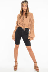 Camel Chiffon Balloon Sleeve Crop Tie Front Blouse - Amelia-Blouse